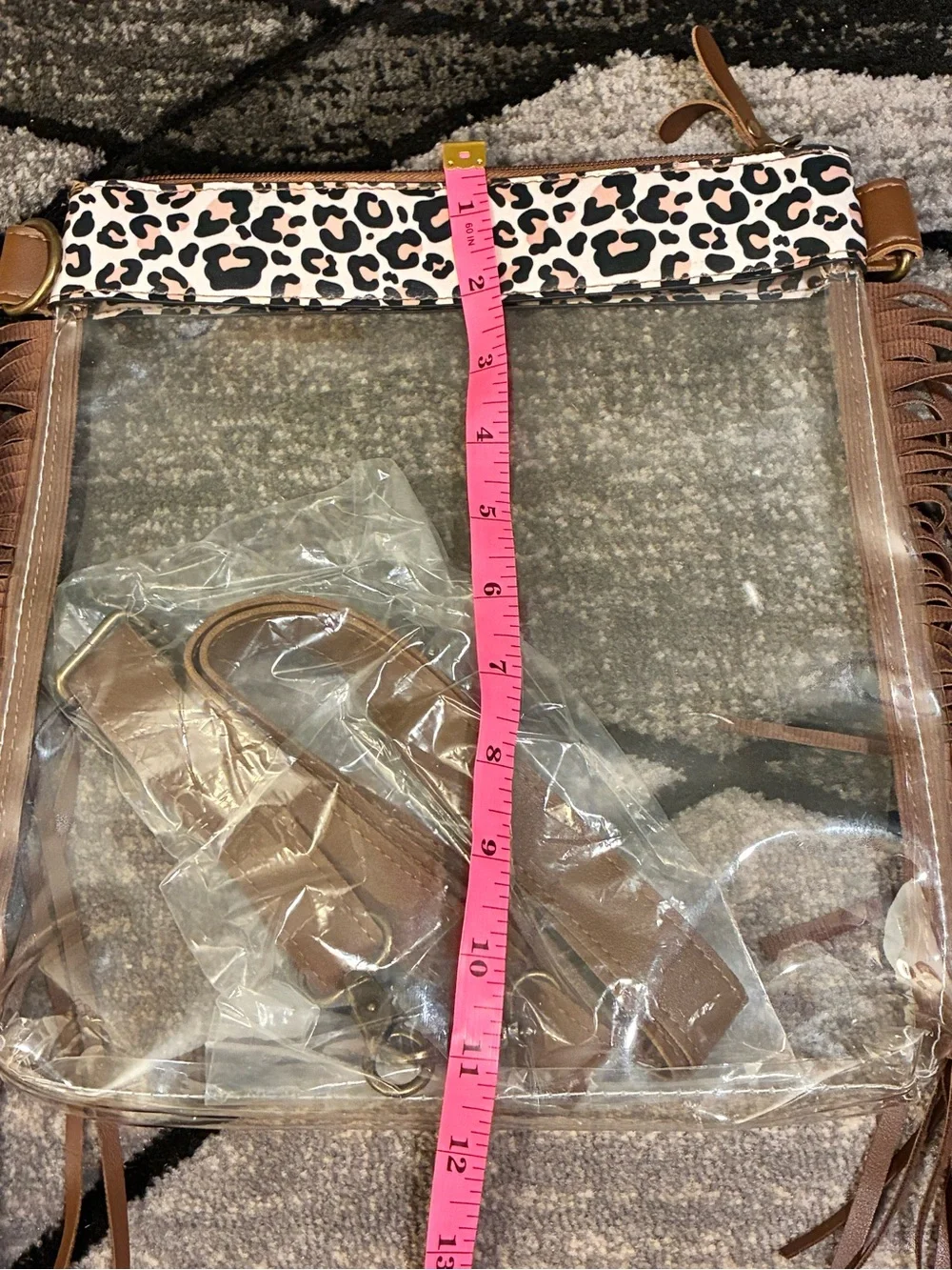 Clear Crossbody Bag with Leopard-Trim and Brown Fringe